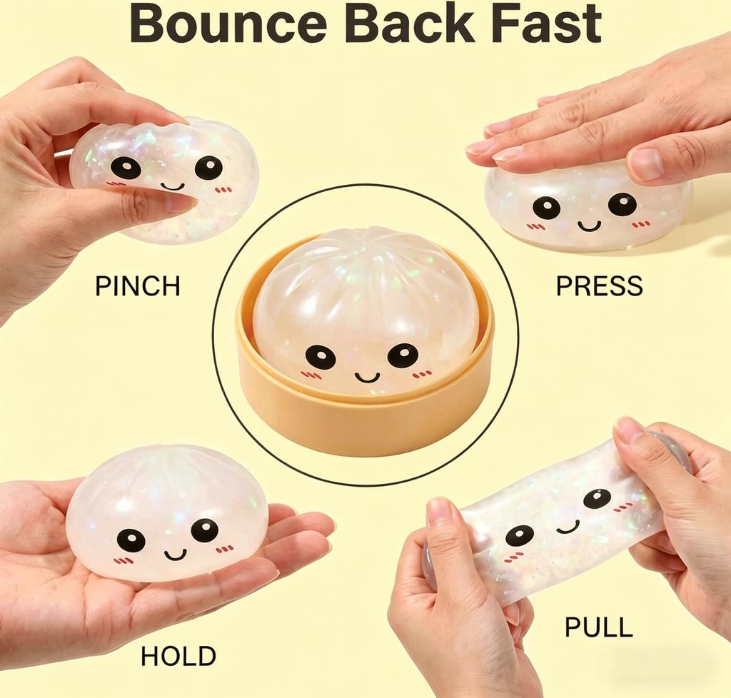 Sparkle Bun Squishy Toy Slow Rebound Stress Relief Squeeze Ball Soft With Bead&Steamer Fidget Toy for Anxiety Relief Sensory Toy