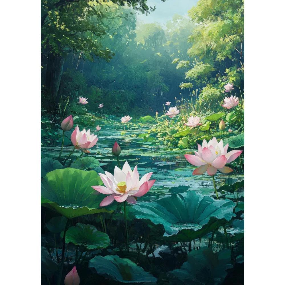 Постеры «Безмятежность: Пруд с лотосами» Красивый цветок лотоса Магические Современные принты листьев Холст Настенное искусство Картины Декор для дома Гостиная