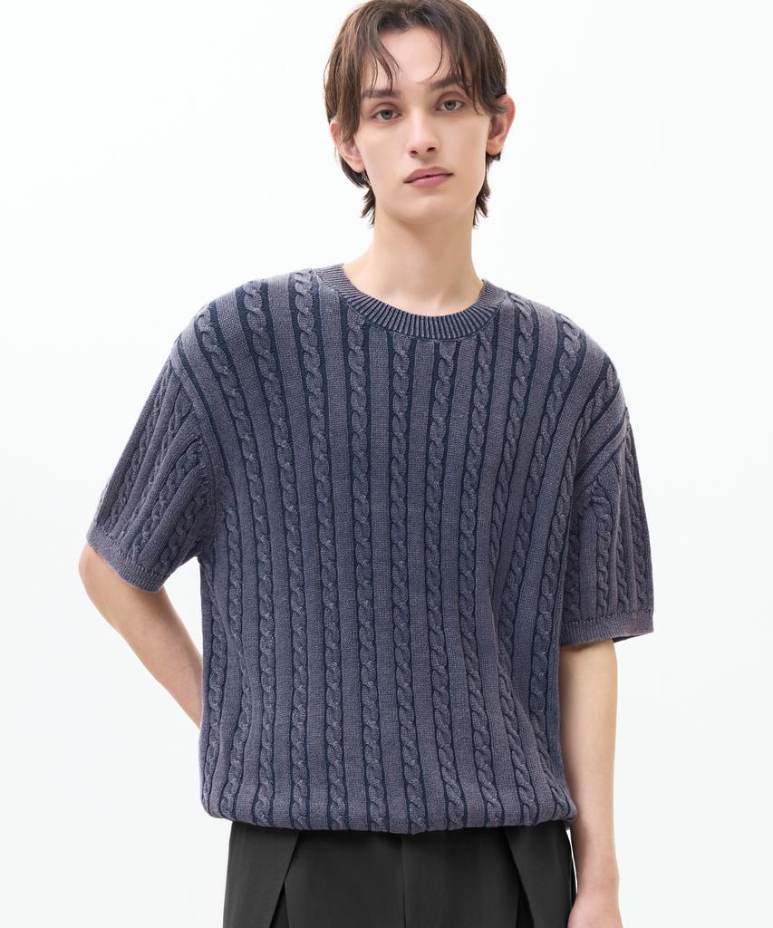 TRILLION Vintage Washed Cable Half Sleeve Knit [Navy Blue]
