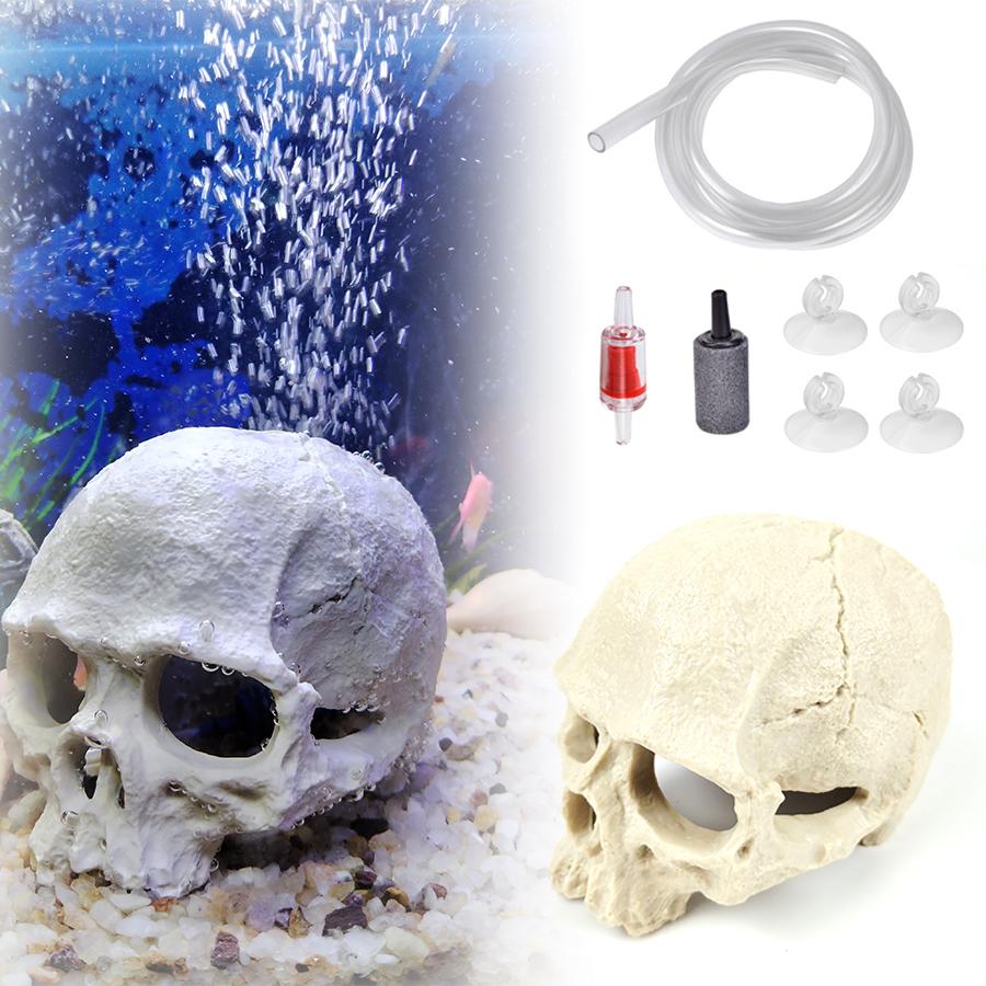 1 Set Resin Skull Aquarium Decor – Fish, Shrimp & Reptile Breeding Cave with Built-in Bubbler Stone for Oxygenation | Halloween Fish Tank Ornament
