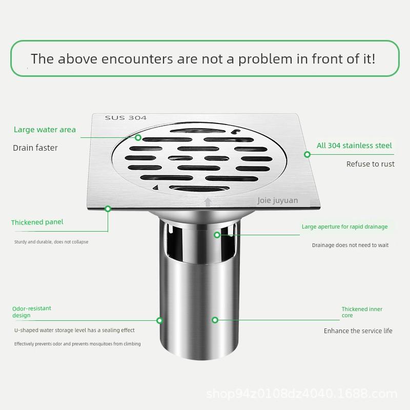304 Stainless Steel Floor Drain for Washing Machine, Dual-Purpose Anti-Odor Floor Drain, Square Engineering Mass-Produced Deep-Water Floor Drain