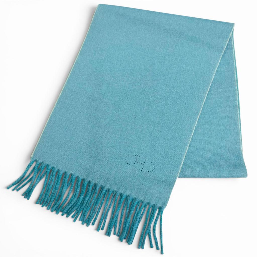 Excellent HERMES Scarf Evelyn H Logo Fringe Bicolor cashmere Women Used