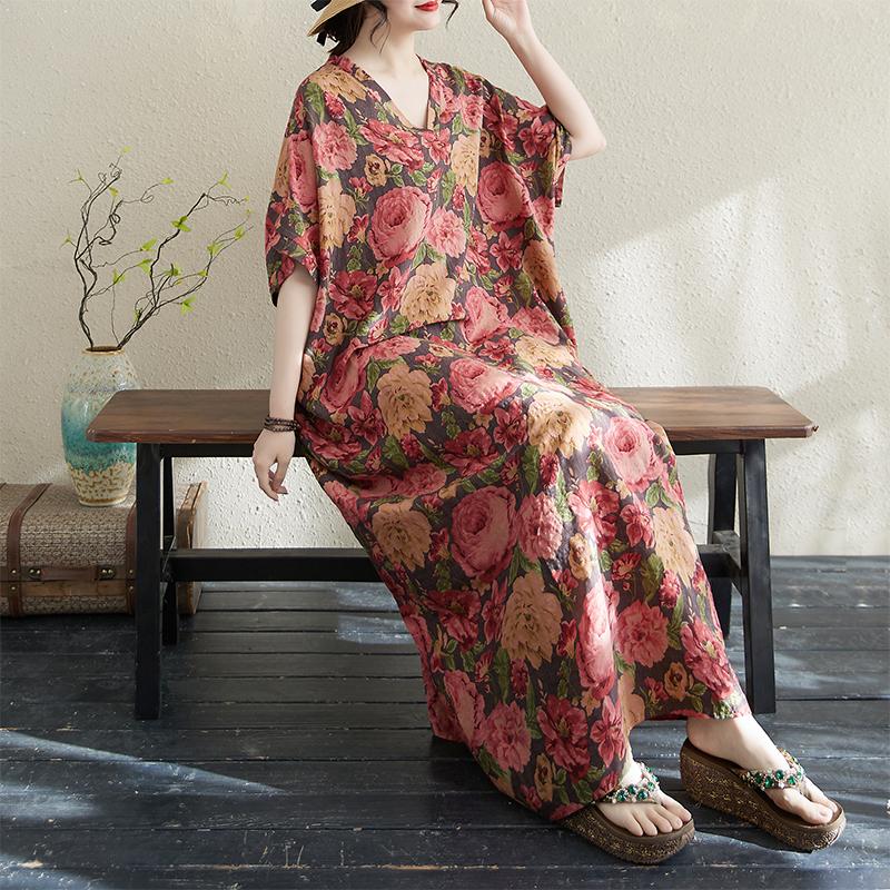 DIMANAF Women 2025 Plus Size Summer Casual Dress Cotton Linen Vintage Loose Basic Long Dress Floral New