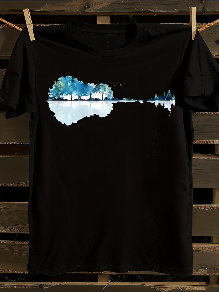 White Watercolor Guitar & Music Note T-Shirt Mens Tshirt Womens Tshirts with Letters Print Short Sleeves T-Shirt Casual Street Tee Shirt Top