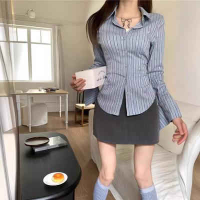 Женские корейские полосатые рубашки с воротником-поло, женская рубашка, обтягивающая талию, дизайнерская универсальная блузка с длинным рукавом для похудения