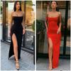 Women Long Dress Sexy Bodycon Slim Partywear Clubwear Night Club Lady Sexy Spaghetti Strap Sleeveless Split Solid Elegant