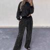 2 Pcs/Set Women Top Pants Suit Sequin Round Neck Long Sleeves with