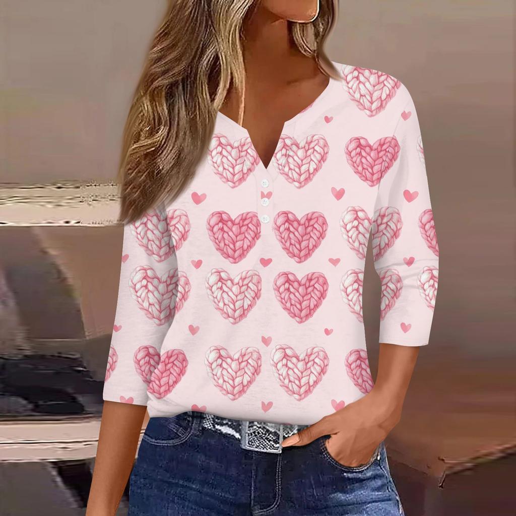 Женский повседневный универсальный топ с V-образным вырезом и рукавом три четверти на пуговицах с принтом ко Дню святого Валентина