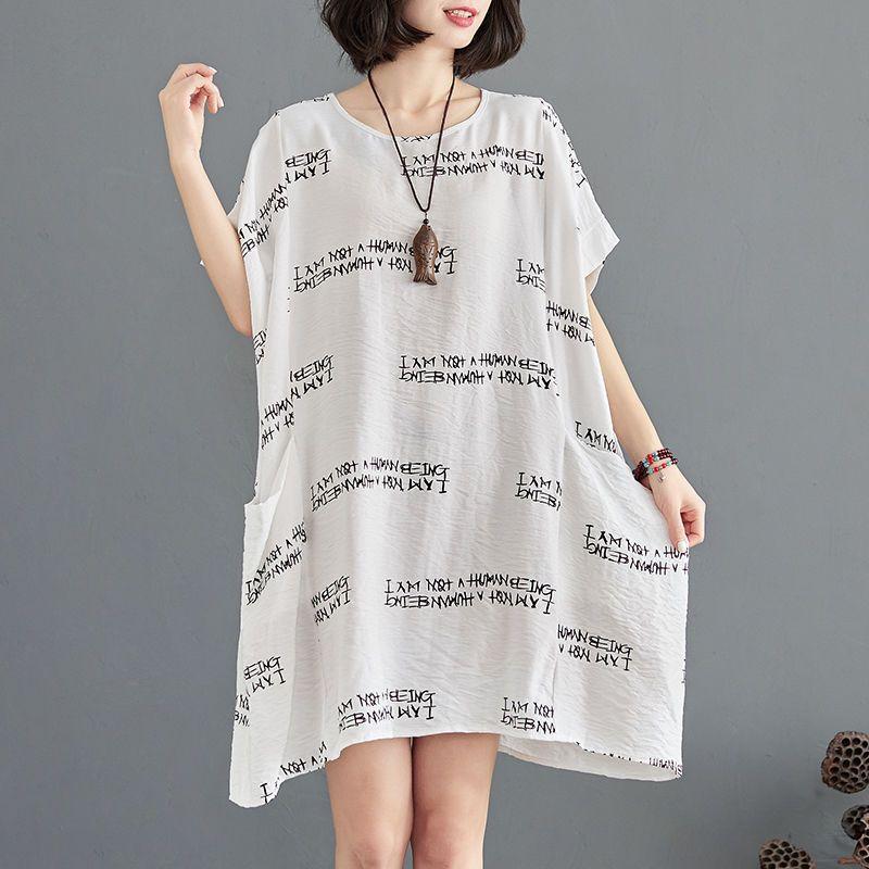 Женское платье больших размеров с летним принтом в виде букв, миди-платье с коротким рукавом, повседневные свободные платья