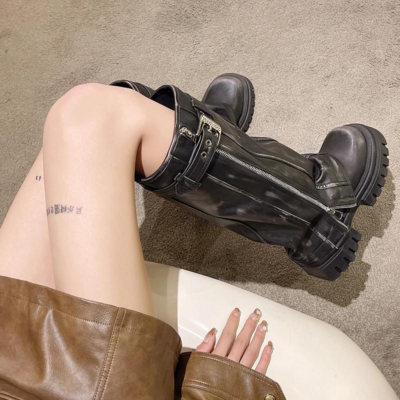 Ретро Большие Круглые Сапоги До Колена Женские Готические Туфли Платформа Пряжка Ремень Молния Сбоку Дизайн Массивные Высокие Каблуки Сапоги Botines