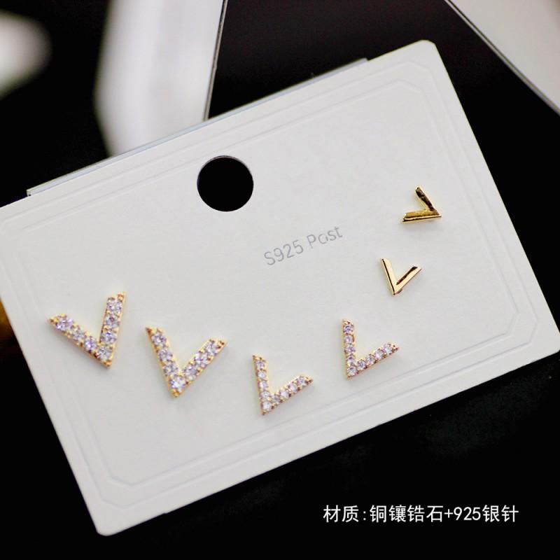 Minimalist Stud Earrings Set 3 Pairs Gold Tone CZ Geometric Floral Design Women Daily Wear