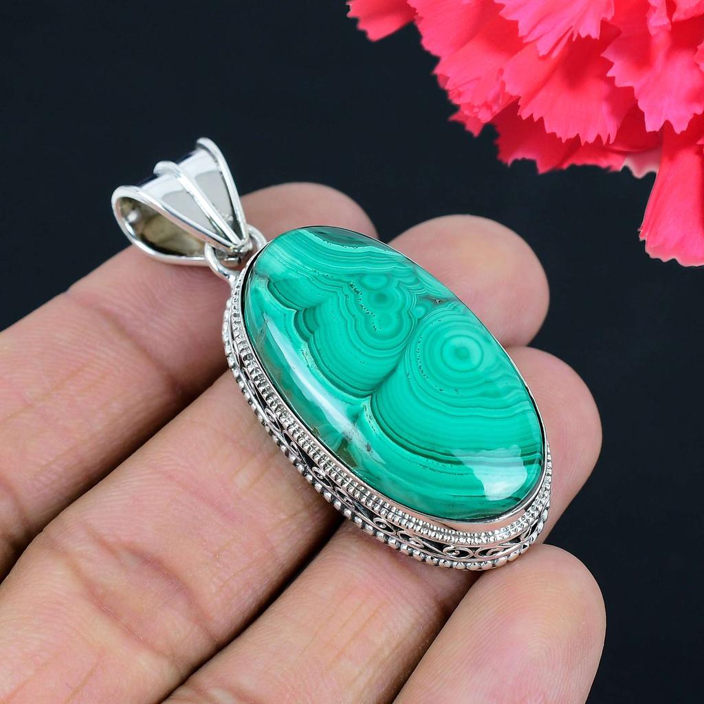 Кулон из драгоценного камня малахита, твердый кулон из стерлингового серебра 925 пробы, ювелирный подарок для унисекс