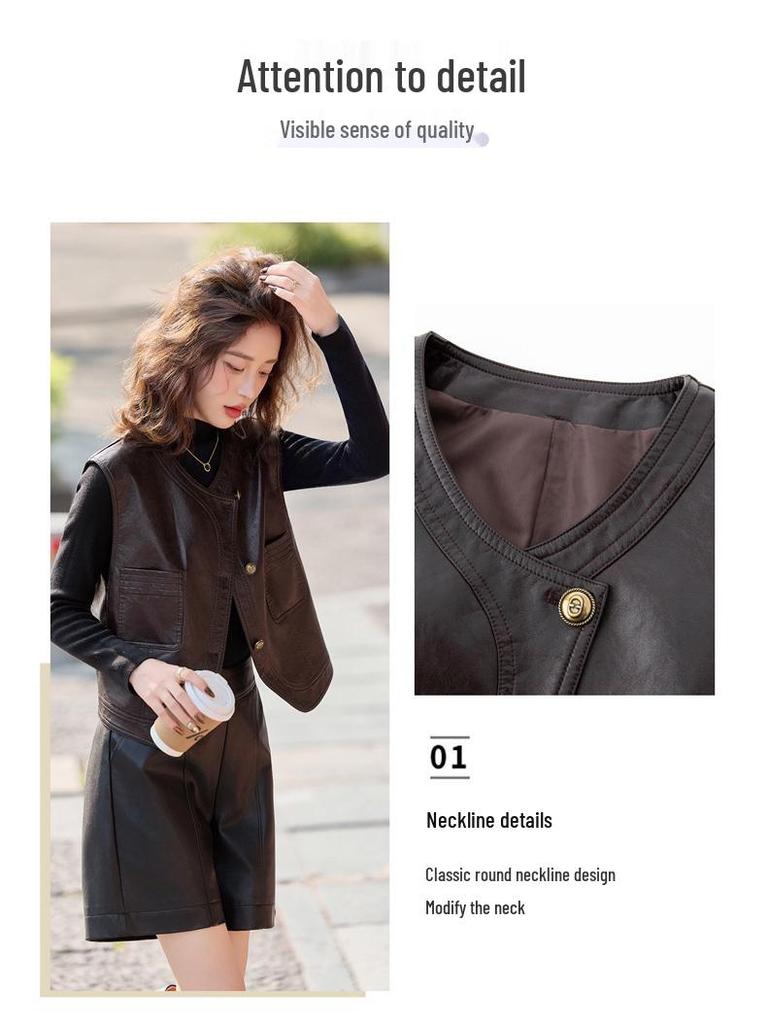 Women's Short Sheepskin Leather Motorcycle Vest - Autumn/Winter Korean Style Outerwear