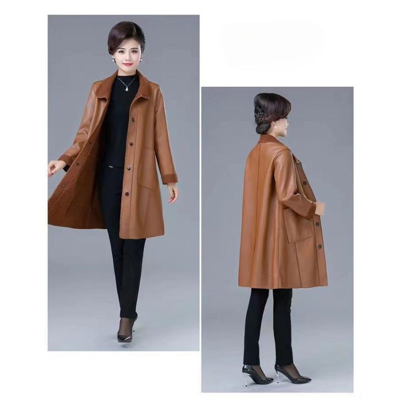 Elegant Slimming Fleece Lined Thick Warm Mom Coat Womens Mid Long Over Knee Faux Leather Trench Coat