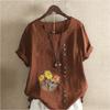 Women's Fashion Flowers Prined Round Neck Short Sleeve T-shirt Casual Cotton Linen Graphic Shirt Leisure Loose Summer Blouse Tops
