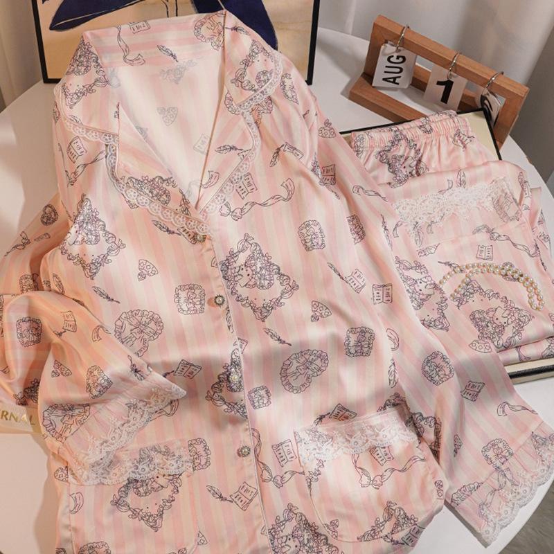 Hello Kitty Luxury Satin Ice Silk Pajama Set: Women's Sweet Print Lace Two-Piece for Spring/Fall