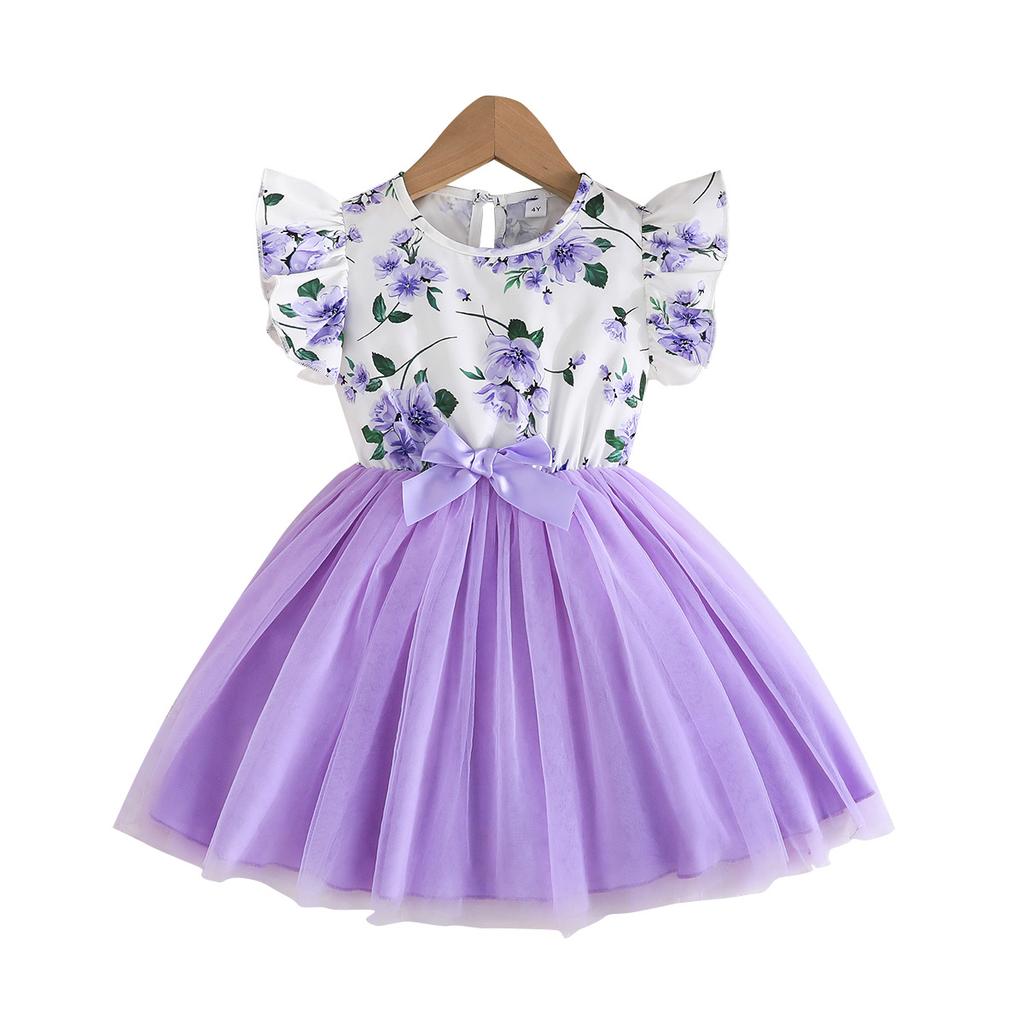 Summer Baby Girl Dresses Child Fresh Cute Dresses Children 4-8Y Flower Printed Fly Sleeve Tops Mesh Dresses