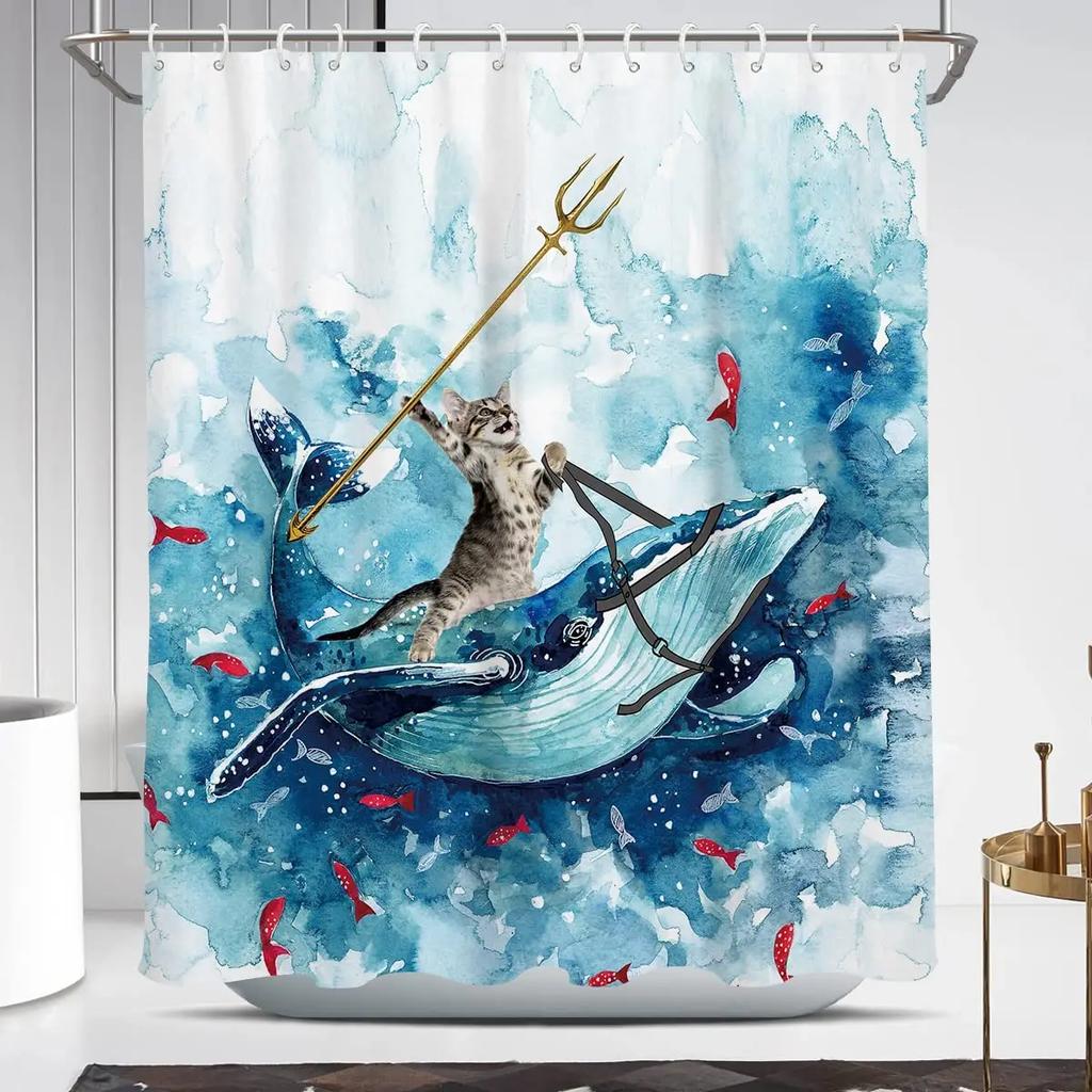 Funny Cat Shower Curtain Cool Cat Riding Shark Seagull On Ocean Sea Blue Waves Kids Creative Design Bathroom Curtain Polyester