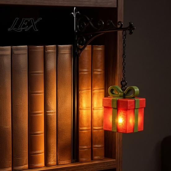 Battery Operated Bookshelf Lamp Christmas Lamp, Nook Light with Warm LED Nightlight, 3D Printed Shade, Cordless Book Vintage Hidden Metal Base,