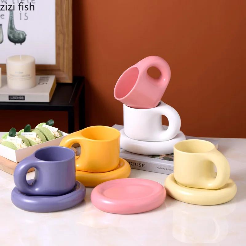 Solid Color Simple Ceramic Mug Set Creative Handle Coffee Mug Home Breakfast Cup Milk Cup Beverage Cup High Beauty Couple Cups
