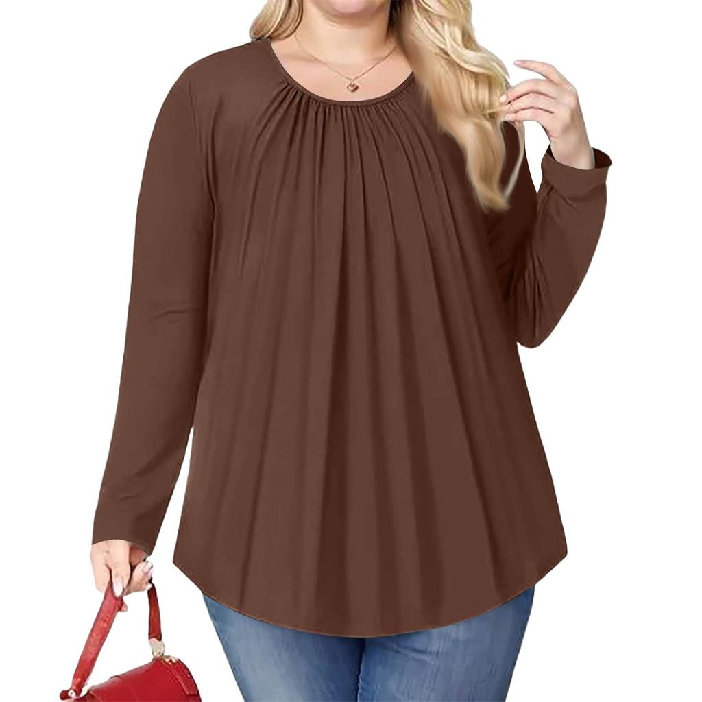 Women's Plus Size Fashion Solid Colour Casual Pleated Round Neck Long Sleeve Top