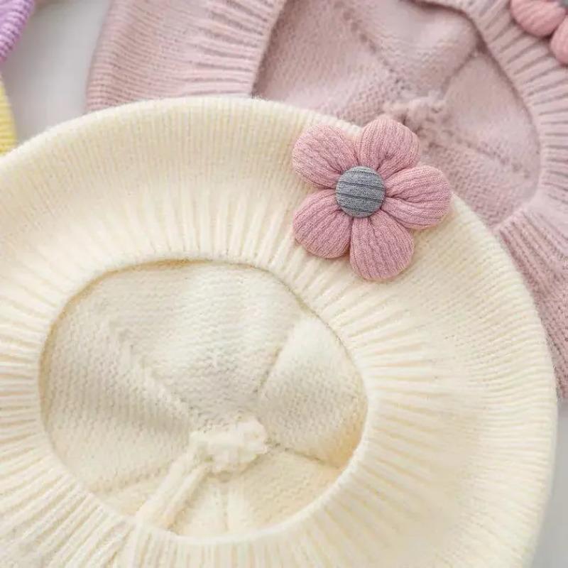 Flower Baby Beret Hat Winter Warm Knitted Beanie Cap for Infant Girls Korean Toddler Princess Artist Solid Color Painter Caps