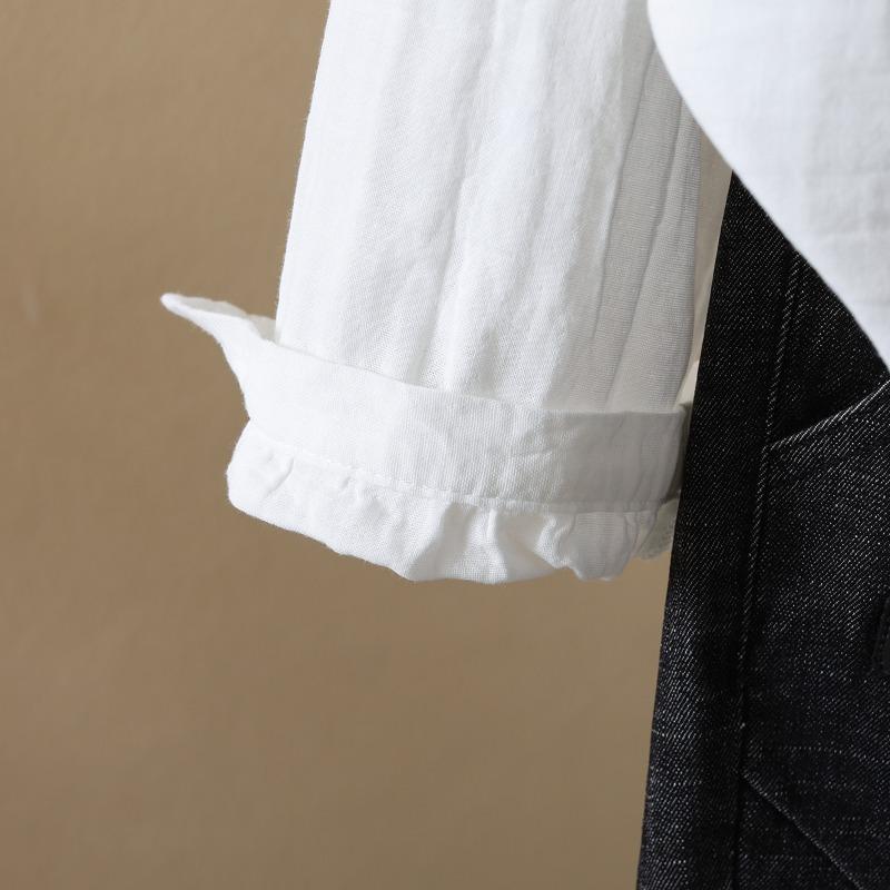 Двухслойная хлопковая пряжа с длинными рукавами, женская художественная рубашка с маленьким острым воротником, простая универсальная базовая рубашка, топ, блузки и рубашки