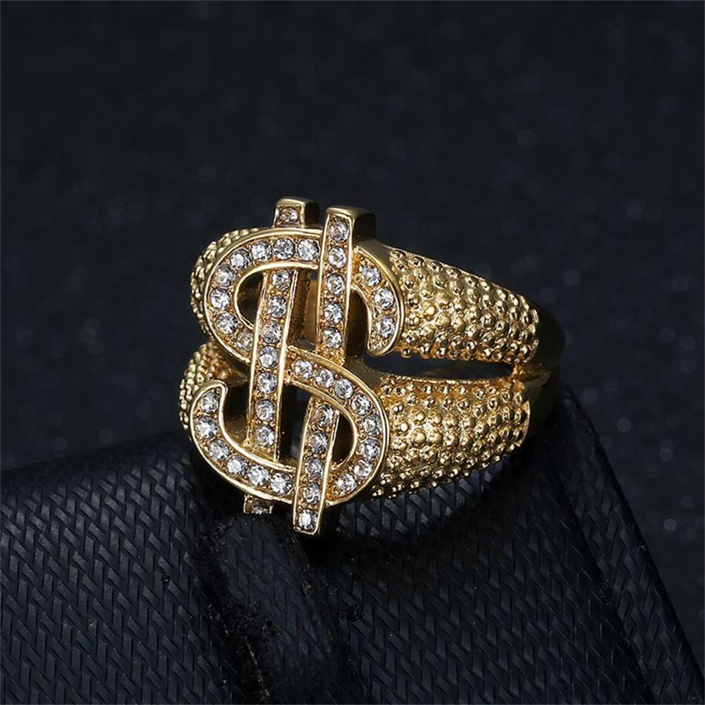 New Hip Hop Iced Out Bling Money Dollar Signs Ring Gold Color Stainless Steel Big Rapper Rings For Men Hippie Party Jewelry Gift