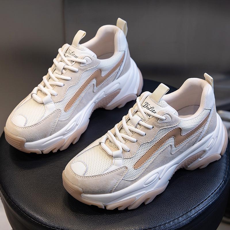Absorbent Sole Dad Shoes Women's Spring 2025 New Thick-soled Heightening Running Sports Shoes Women's Leather Casual Women's Shoes Trend
