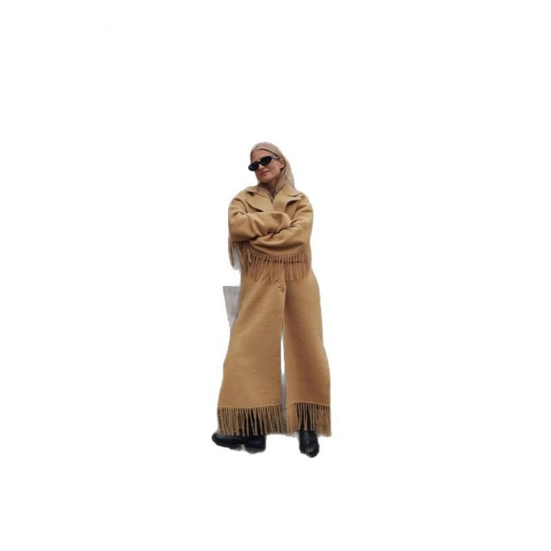 Womens Winter Wool Trench Coat Scarf Collar Fringe Detail Double Breasted Lantern Sleeve Mid-Length Outerwear
