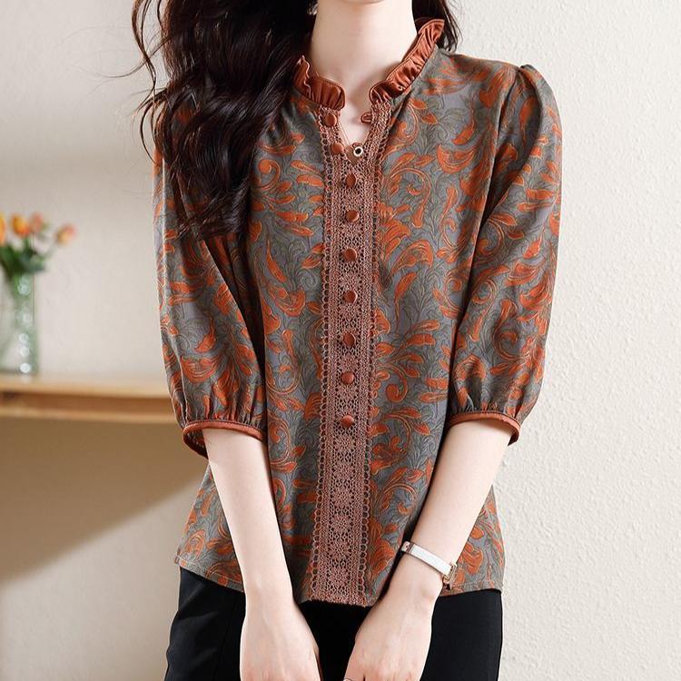 Рубашка с принтом женская летняя большого размера женская кружевная рубашка со средним рукавом свободный шифоновый топ