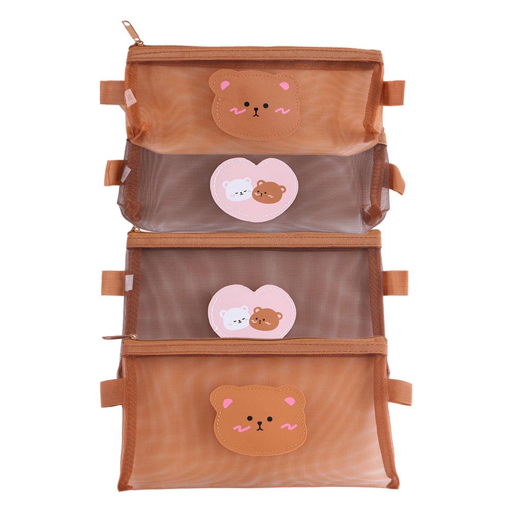 Cute Pen Bag Large Capacity Bear Pencil Bags Mesh Pencil Case Storage Bags Kawaii Pencil Bag