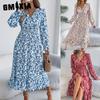 Autumn and Winter Elegant Floral Cross V-neck Cinched Waist Ruffled Long Dress Women's Wear