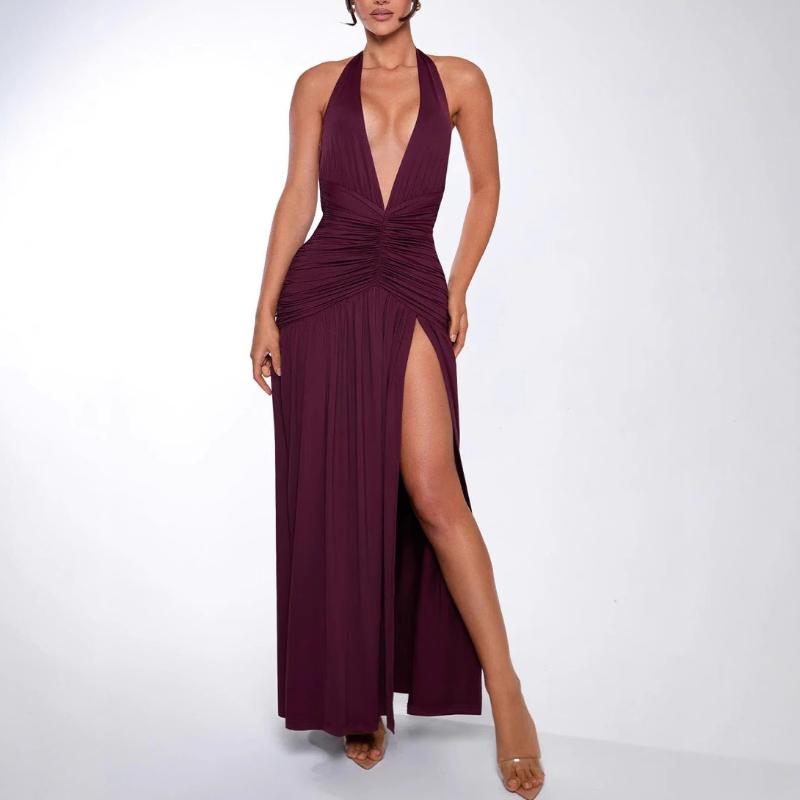 European and American Summer Sexy Deep V Slit Backless Hanging Neck Sleeveless Dress