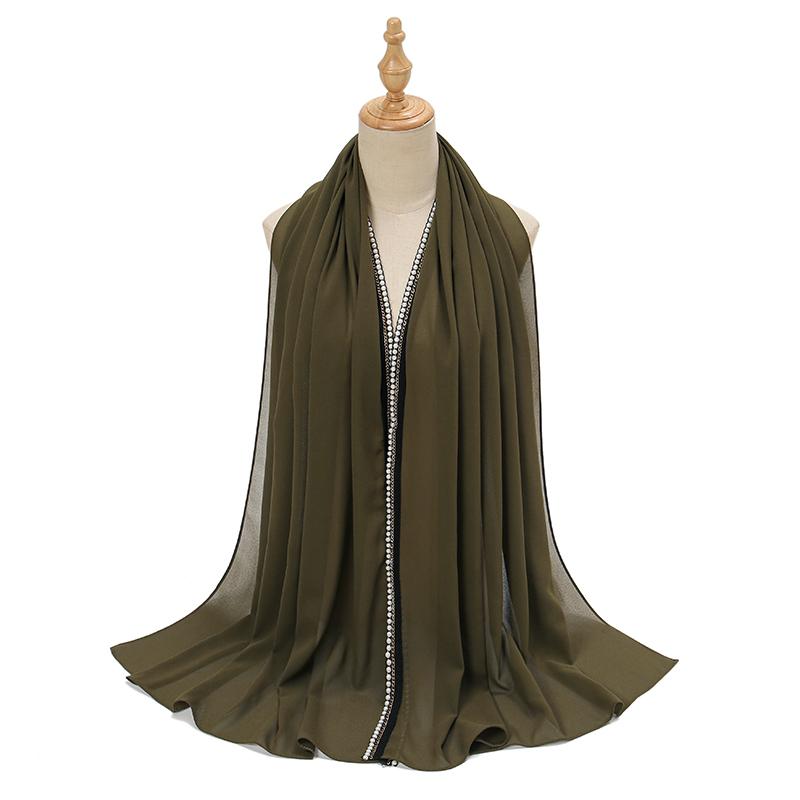 Новый Рамадан Шифоновый Хиджаб Шарф с Жемчужными Бусинами Мусульманский Хиджаб с Цепочкой Однотонные Длинные Шали Головной Платок Обмотки Исламская Повязка на Голову