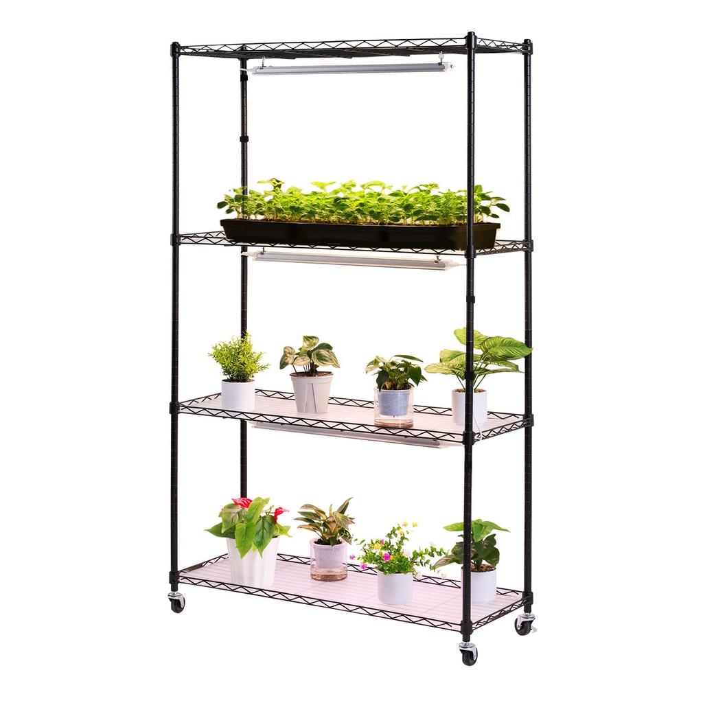 VEVOR Plant Shelf with Grow Light, 4-Tier Indoor Plant Stand, 150 cm Tall Plants Display Rack with Wheels, 90W 3-Color Full Spectrum Grow Lights