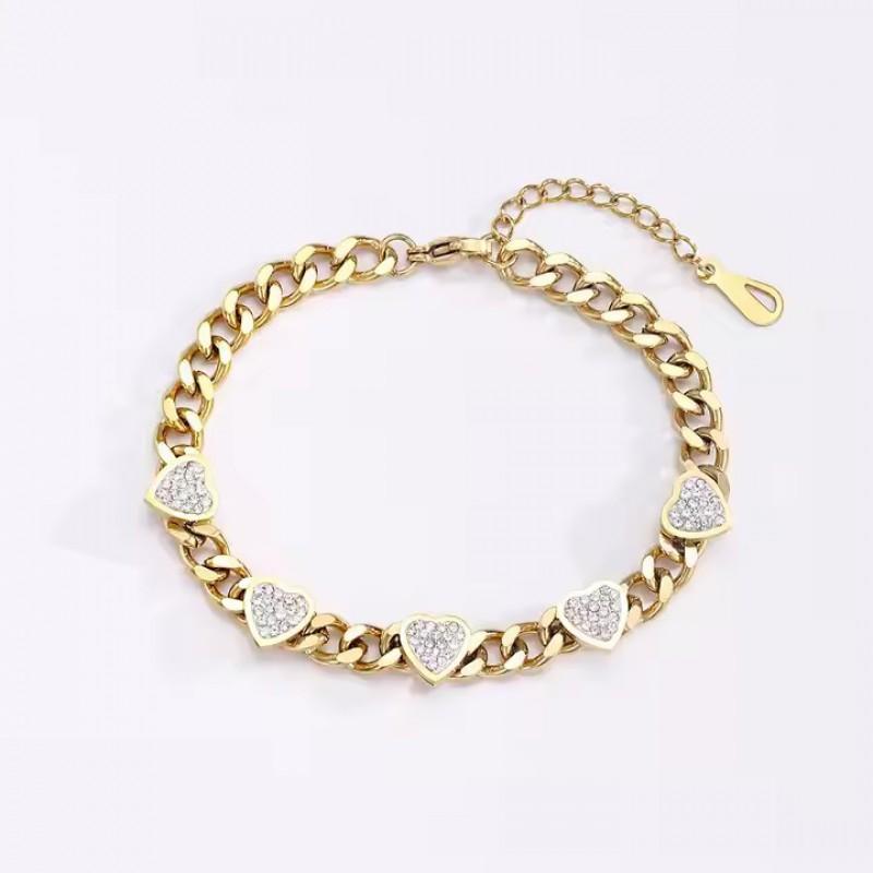 Stainless Steel Heart Shape Zircon Cuban Link Bracelet Women 18K Gold Plated Titanium Luxury Fashion Jewelry