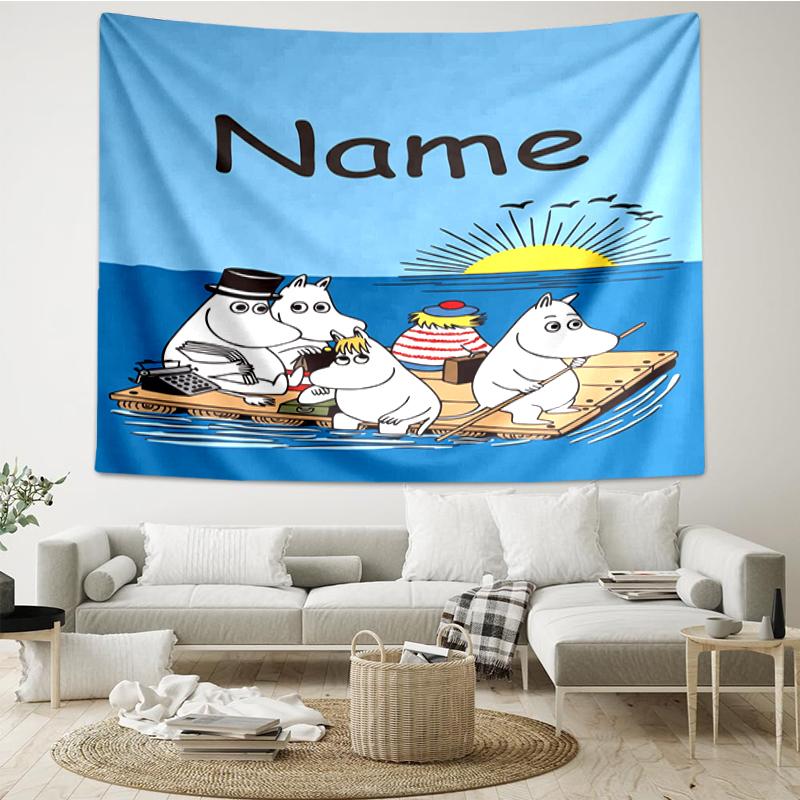 Custom Name Moomin Print Tapestry, Backdrop, Easy Setup, Ideal for Bedroom, Office & Living Room, with Aesthetic Wall Hanging Decor.