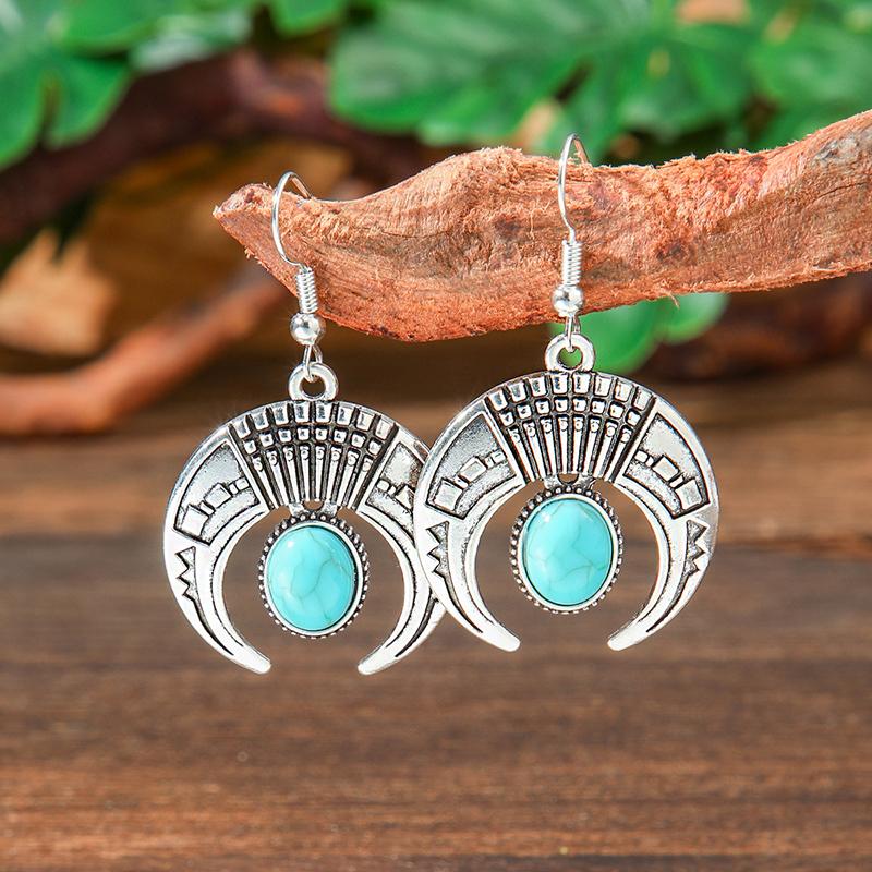 Vintage Tibetan Silver Geometric Turquoises Drop Dangle Earrings Woman Retro Ethnic Blue Beads Boho Jewelry Earrings Wholesale