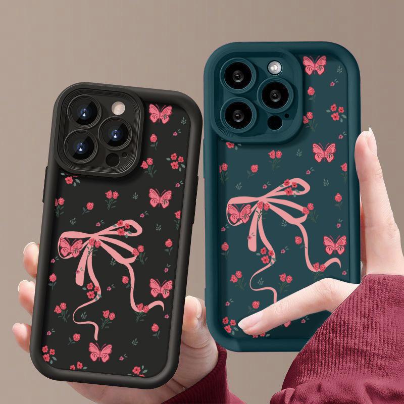 Матовый чехол TPU с цветочным принтом и бантом для iPhone 16 Pro Max 15 Pro 14 13 12 11 XS XR, защита линз, противоударный мягкий силиконовый чехол для телефона