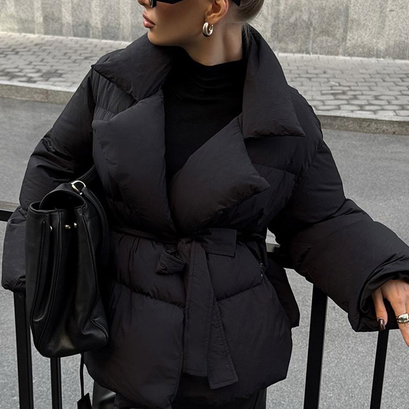 Women's Warm Thickened Loose Lace Up Coat Autumn Winter Solid Buttons Pocket Jacket Casual High Street Outerwears