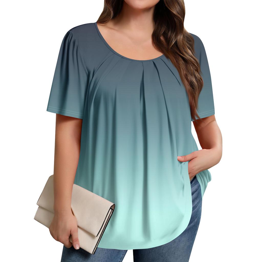 Плюс Размер Женский Повседневный Круглый Вырез Плиссированный Короткий Рукав Однотонный Топ