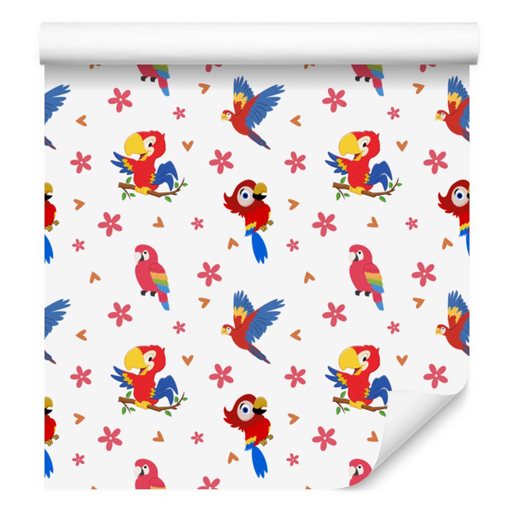 Parrots Wallpaper White, Coral and Red for Living Room and Bedroom 50x1000