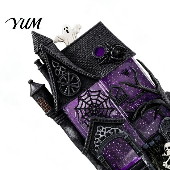 Halloween Haunted House Figurine Gothic Resin Glitter Village Decoration, with Purple Detailed Desktop Setting Windows, Spooky Mansion Tabletop Statue