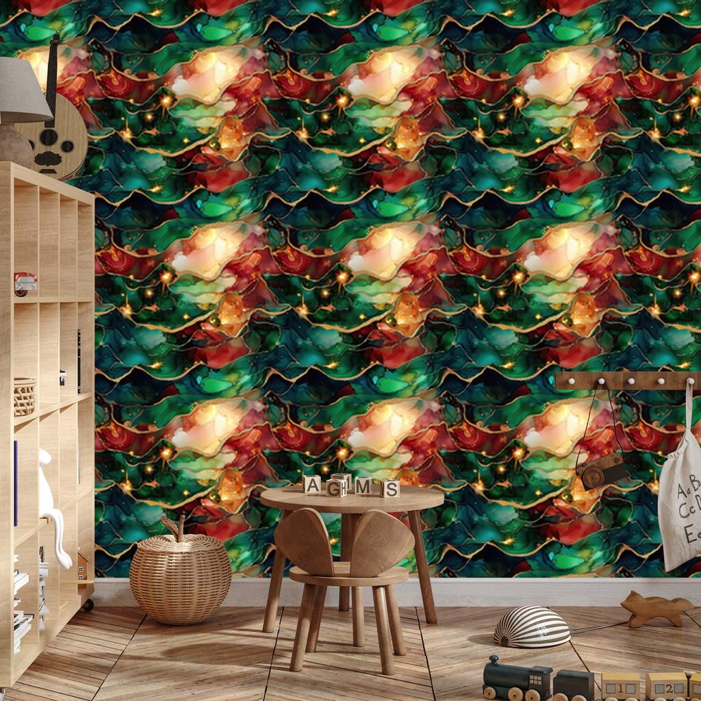 Bottle green, sea green, red and black ink wallpaper 50x1000