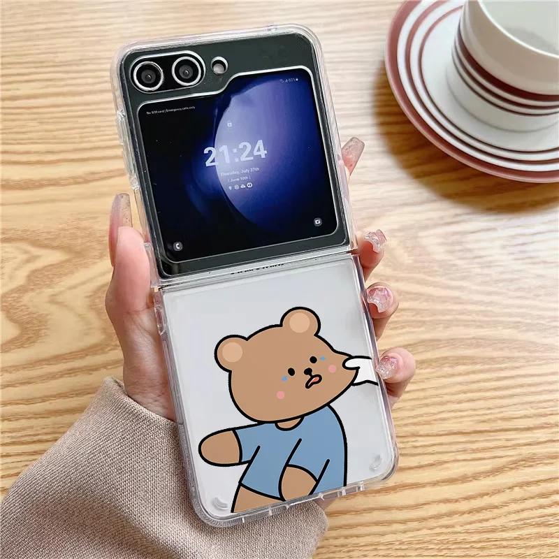 Cute Bear Bunny Couple Paired Phone Case for Samsung Galaxy ZFlip 5 ZFlip6 Transaprent Clear Cover for Samsung ZFlip7 4 3 Fundas