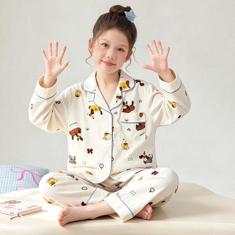 Girls Long Sleeve Cloud Cotton Pajamas Set Cute Open Front Homewear