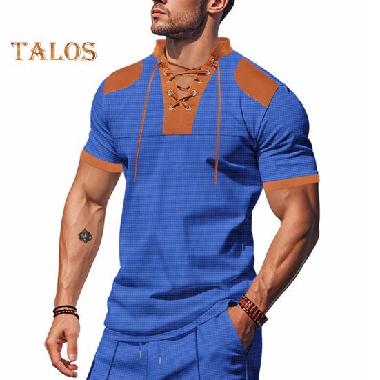 Мужская рубашка с V-образным вырезом на бретелях, цветная футболка с коротким рукавом в вафельную клетку, повседневная летняя футболка для повседневной вечеринки, офиса, путешествий