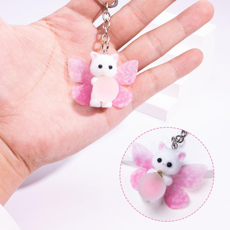 Брелок для ключей с изображением котика, милые розовые крылья бабочки, подвеска в виде кошки для женщин, рюкзаки, автомобильные подвески, аксессуары для брелоков в виде животных