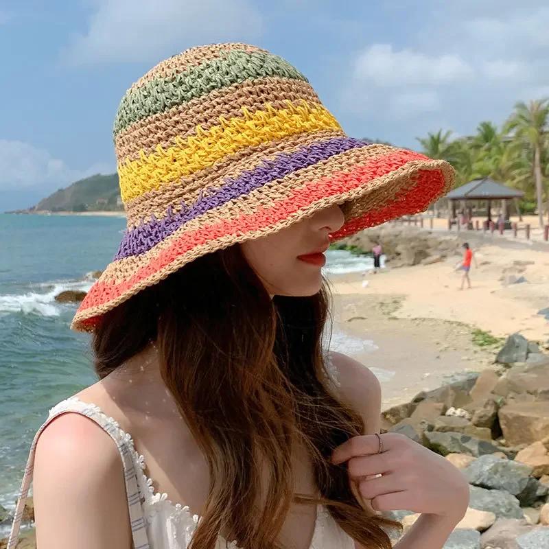 Rainbow Straw Hat For Women: Summer Sun Visor, Handmade Crochet Big Brim Bucket Hat, Boho Fashion Beach Sun Hat